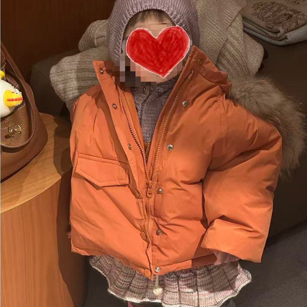 Orange Hooded Baby down Jacket with  Fur Trim